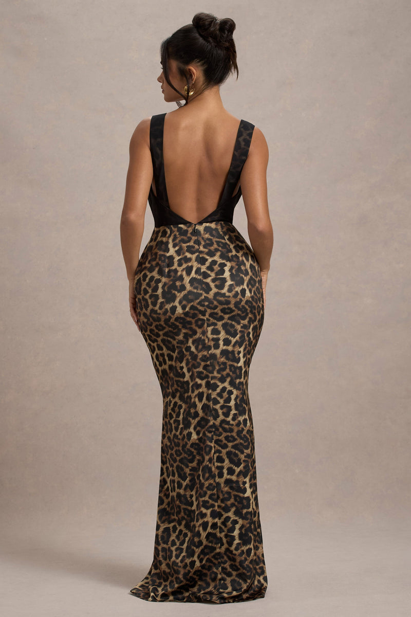 Sahara Leopard Print Satin V-Neck Maxi Dress With Black Lace Trim ...