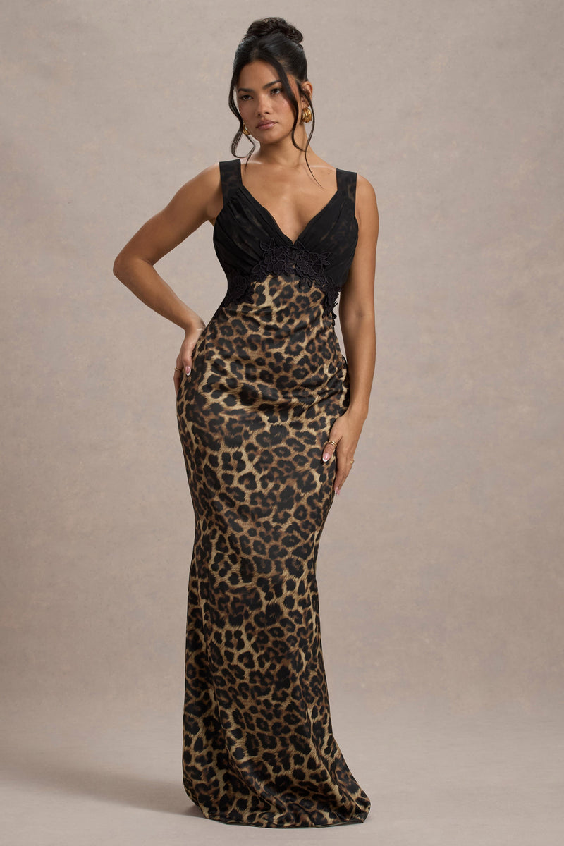 Leopard print v neck long sleeve maxi dress