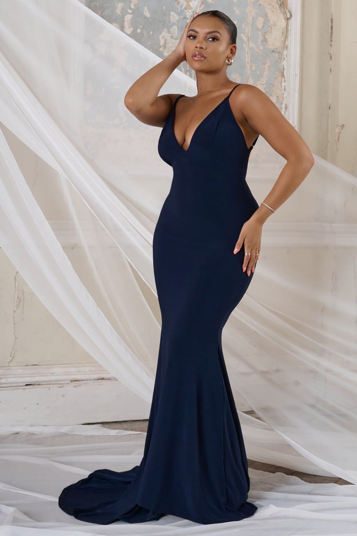 Irreplaceable | Navy Backless Bum Ruched Fishtail Maxi Dress - Club L