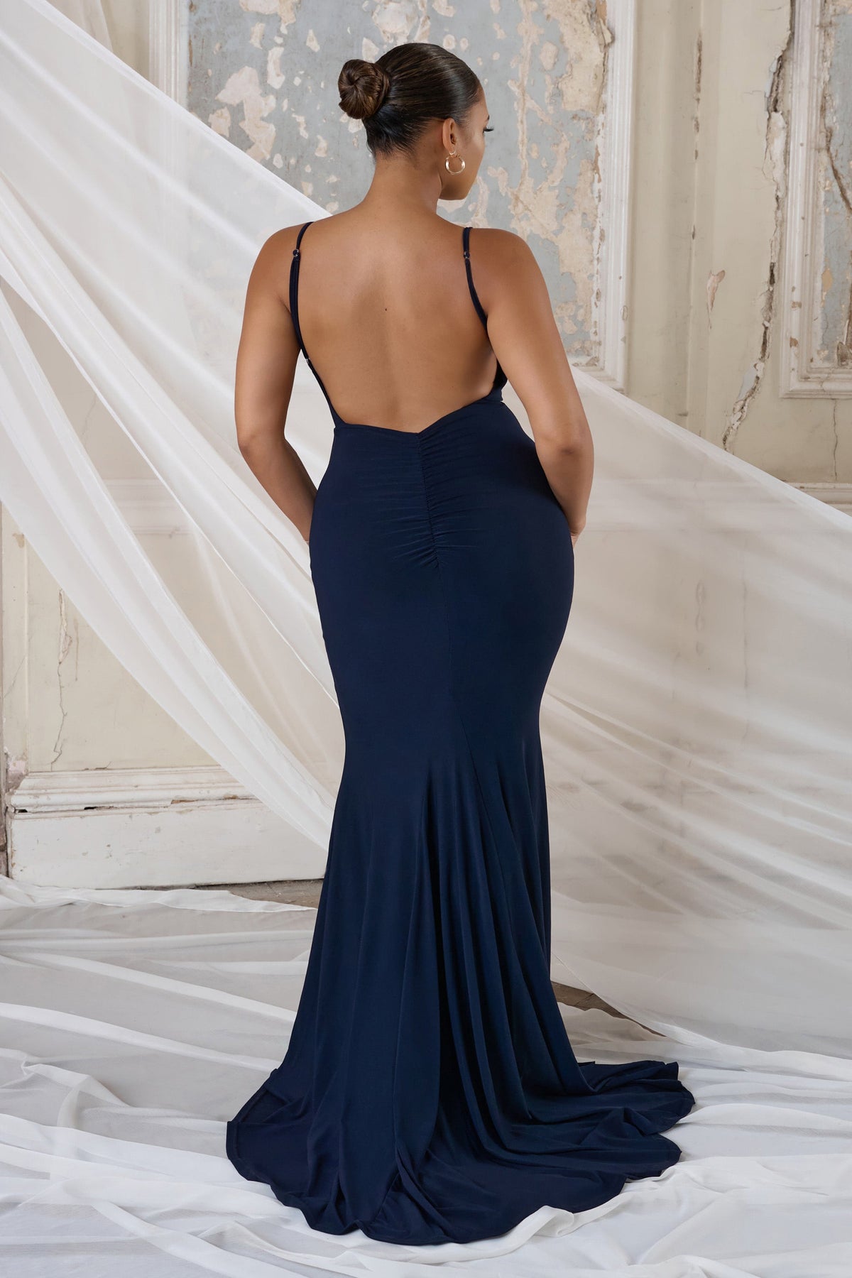 Irreplaceable | Navy Backless Bum Ruched Fishtail Maxi Dress - Club L