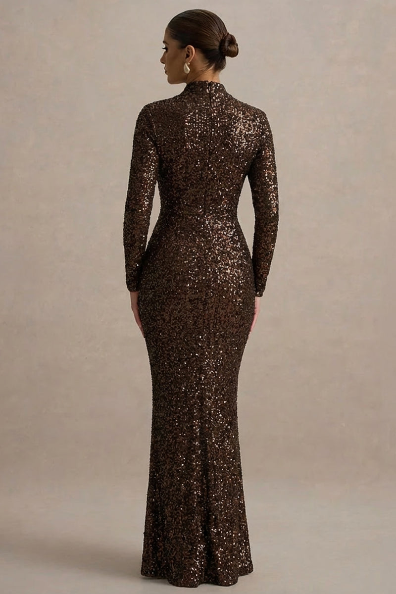 Galaxy Brown Sequin Turtle-Neck Long-Sleeve Maxi Dress – Club L London
