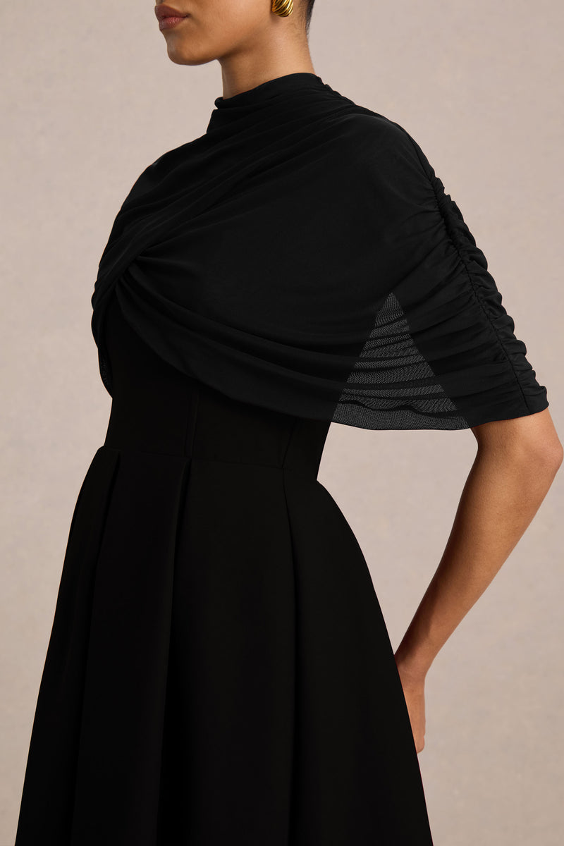 Thalia Black High-Neck Midi Dress With Sheer Mesh Cape – Club L London