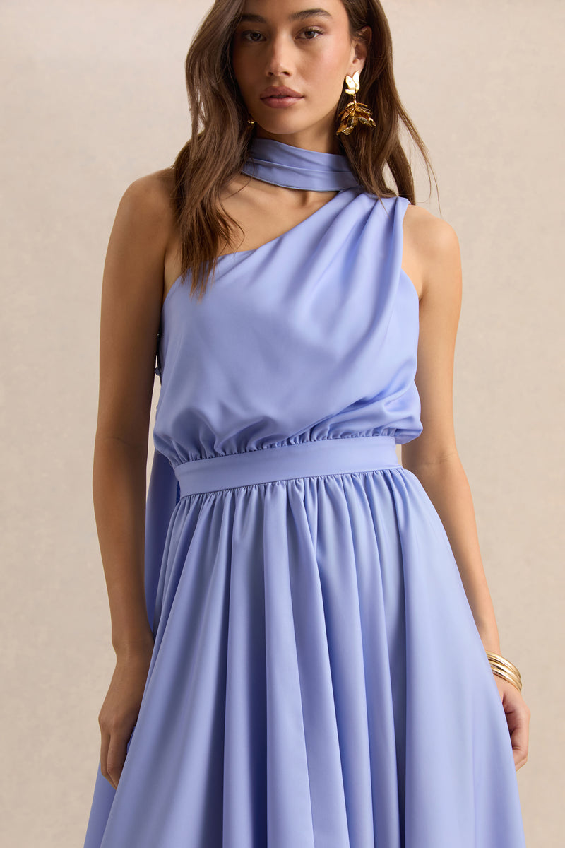 princess polly baby blue dress Caluna Powder Blue Satin Asymmetric-Neck Midi Dress With Scarf-Detai – Club  L London