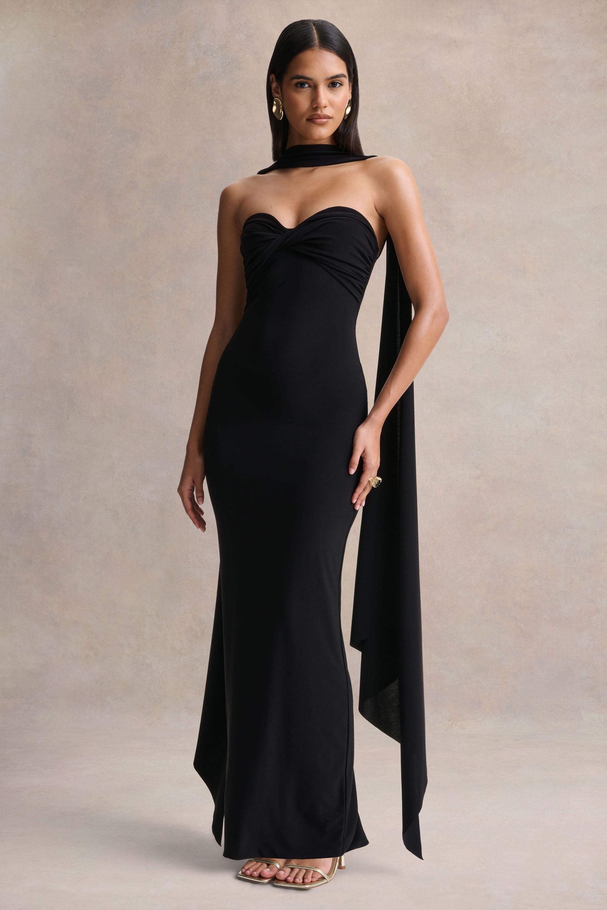 black bridesmaid dresses with scarf VOUIAO Strapless Dress – Elegant High Slit Formal Gown For Wedding Guest, Prom & Cocktail Party High Slit Formal Evening Gown Waist Size:42