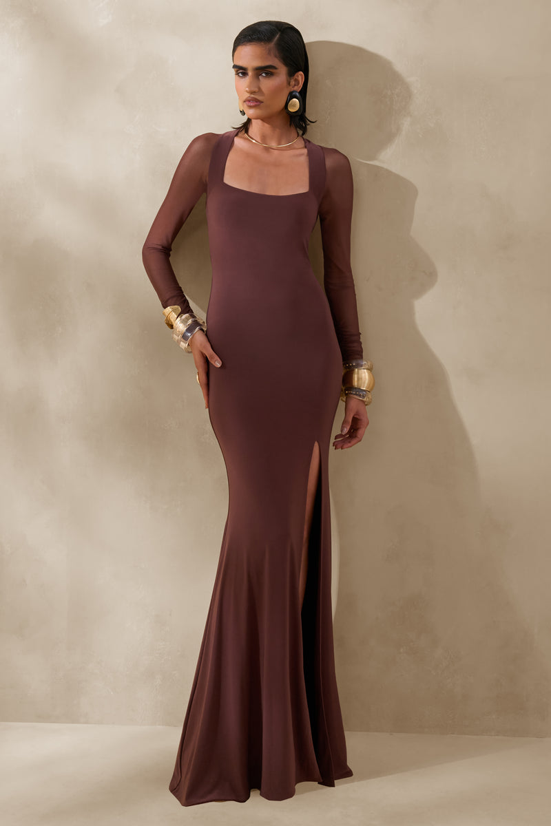 Renalia Brown Square-Neck Maxi Dress With Mesh Long-Sleeves  Club L London  - CA