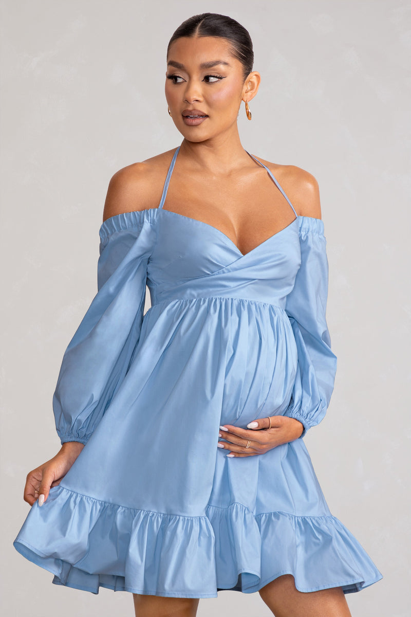 Kyra Powder Blue Babydoll Maternity Mini Dress with Long Cold Should Club L London CA