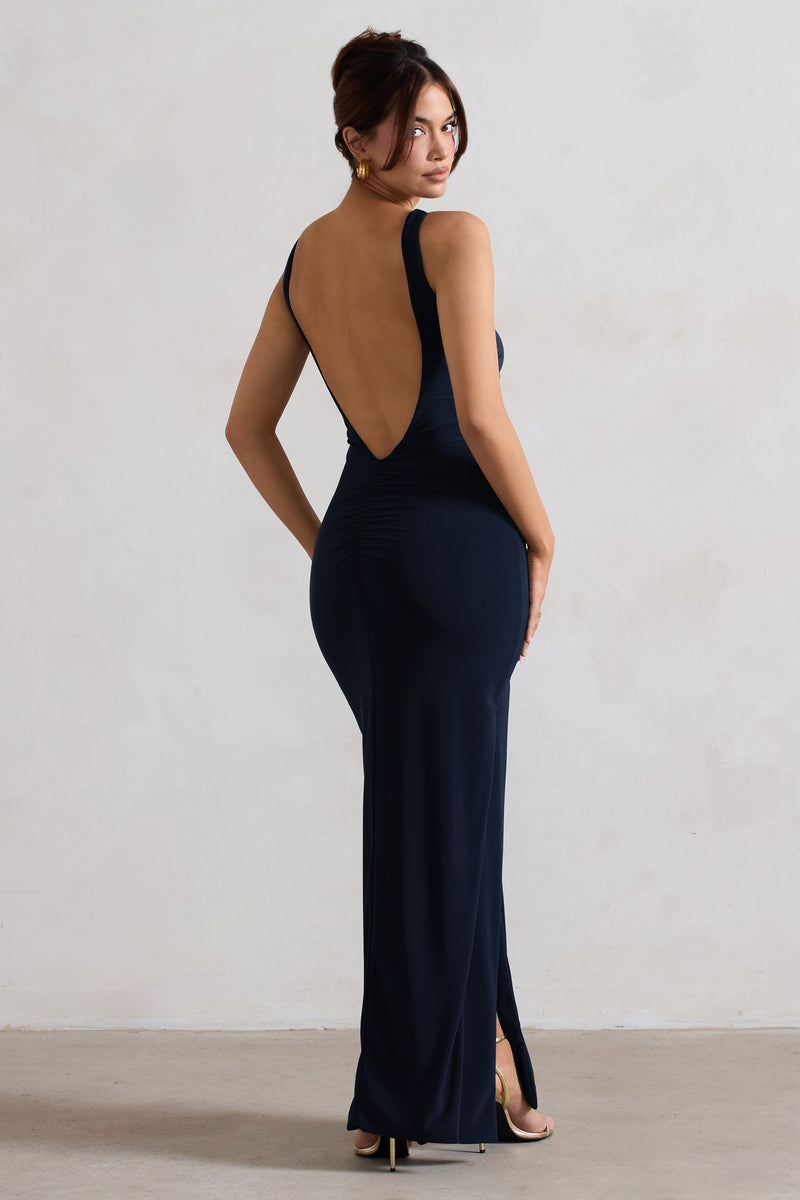 Plunge Neck Split Thigh Mesh Maxi Dress
