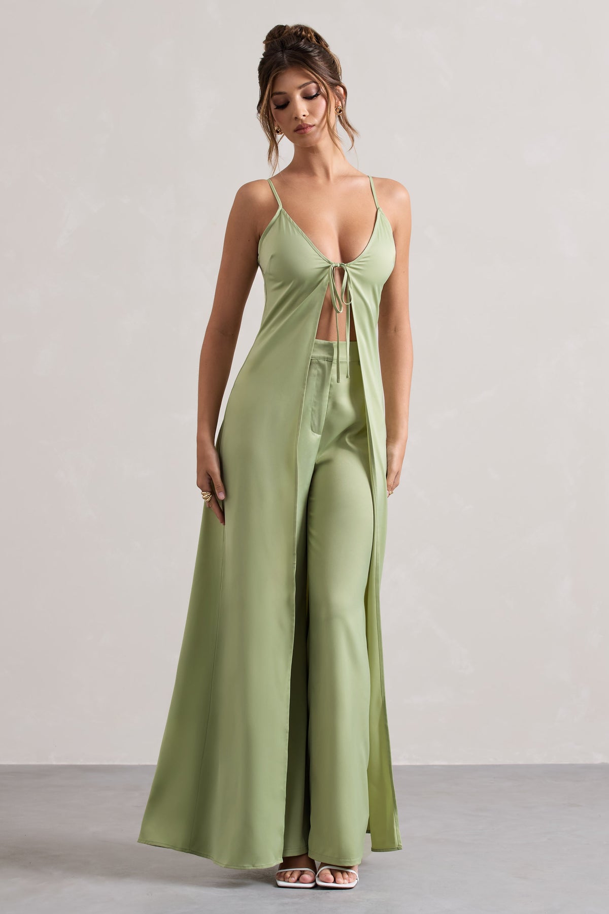 Calvi | Pale Green Satin Longline Cami Top With Split Front