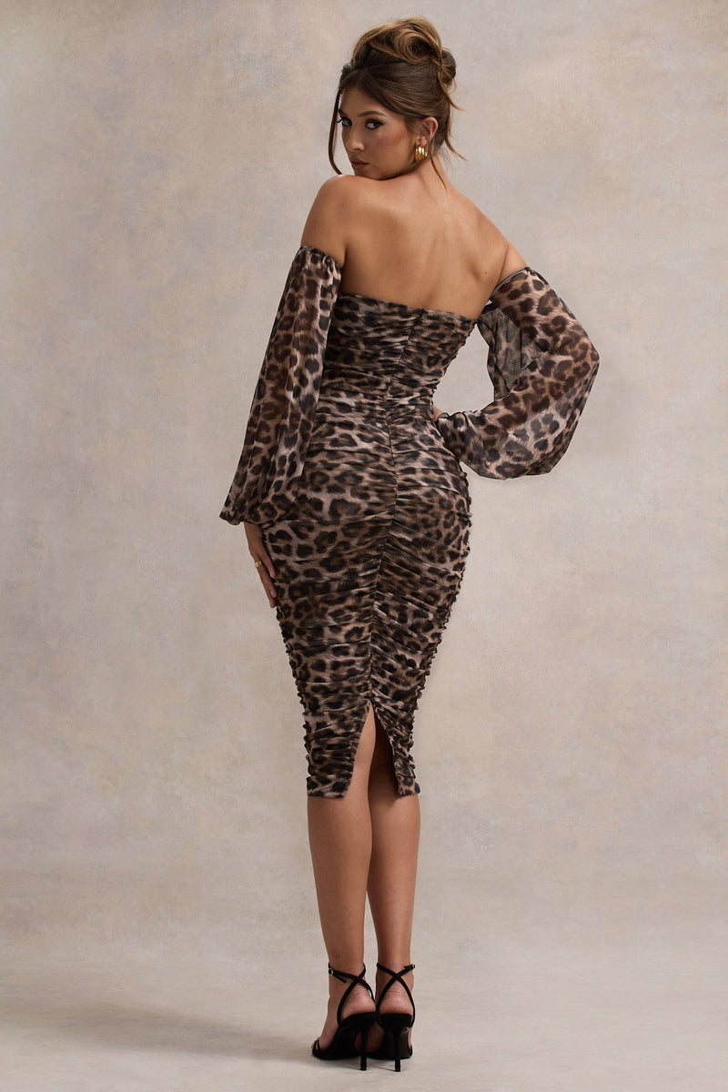 Rica Leopard Print Bardot Puff-Sleeve Midi Dress – Club L London