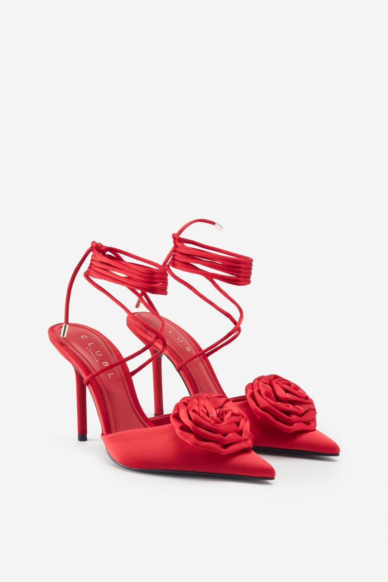 Clearly Red Satin Lace Up Stiletto Heels With Flowers Club L London CA