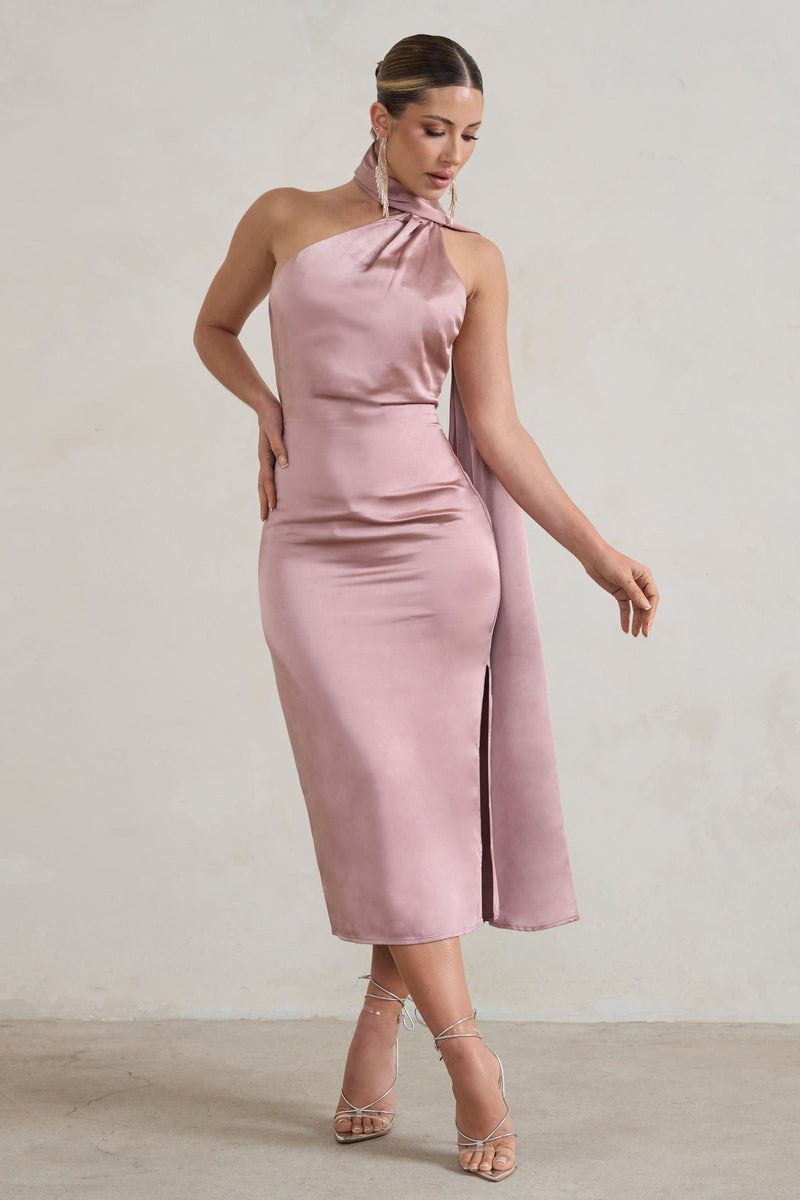 Madame Blush Pink Satin Asymmetric Scarf Neck Backless Midi Dress – Club L  London - CA
