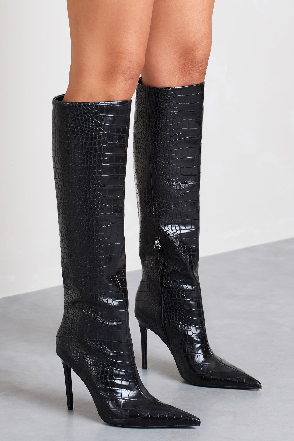 Over It | Bottes noires croc montant aux genoux à bouts pointus