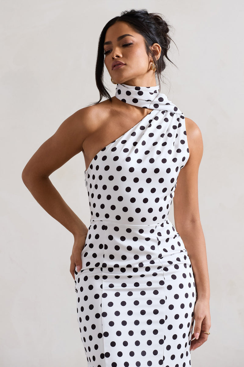 Golden Girl White Polka Dot One Shoulder High-Neck Flared