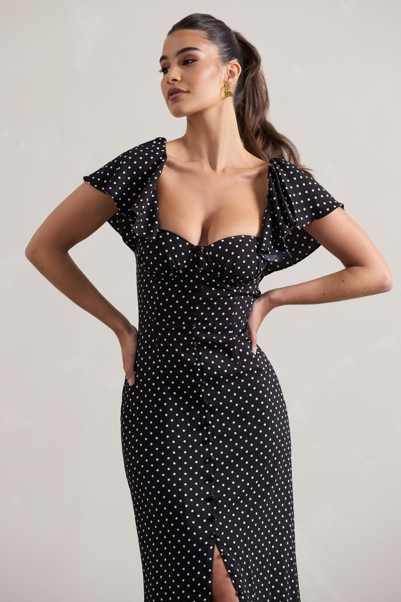 Signorina Black Polka Dot Buttoned Maxi Dress With Flounced