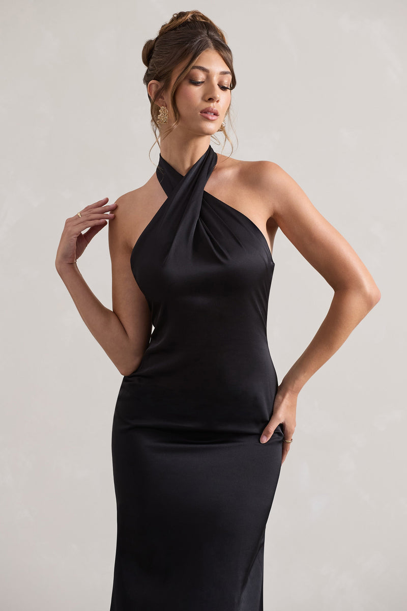 Black satin halterneck wrap bodycon dress hotsell