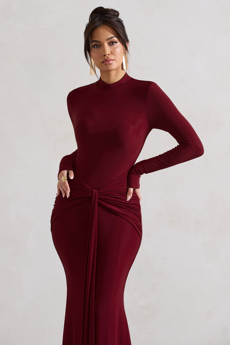 Pietra Berry High Neck Long Sleeve Knot Maxi Dress