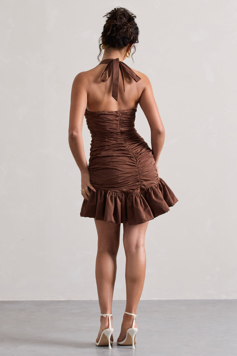 ORLA RUCHED MESH MINI DRESS - CHOCOLATE BROWN