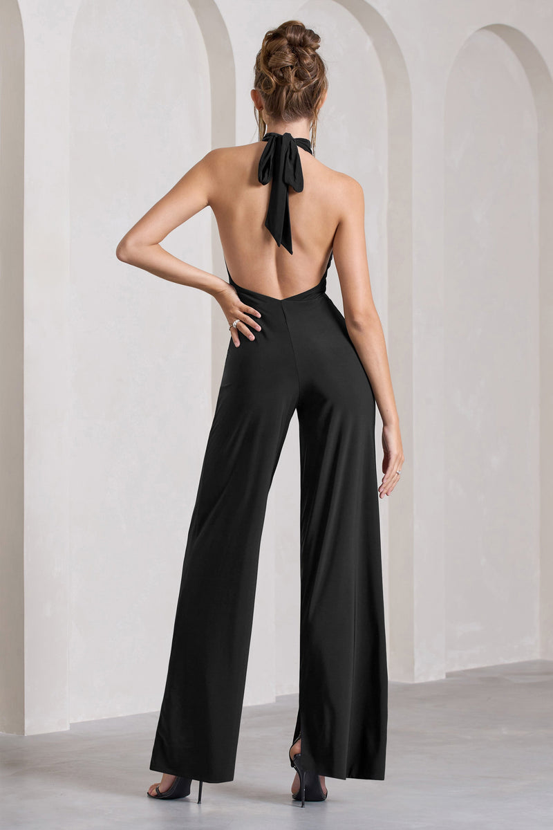 Marcy Black Halter Neck Backless Wide Leg Jumpsuit Club L London Ca