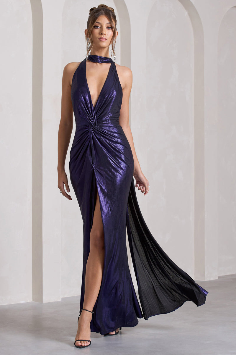 Lost Purple Metallic Halter Neck Cut Out Split Maxi Dress With Drape Club L London CA