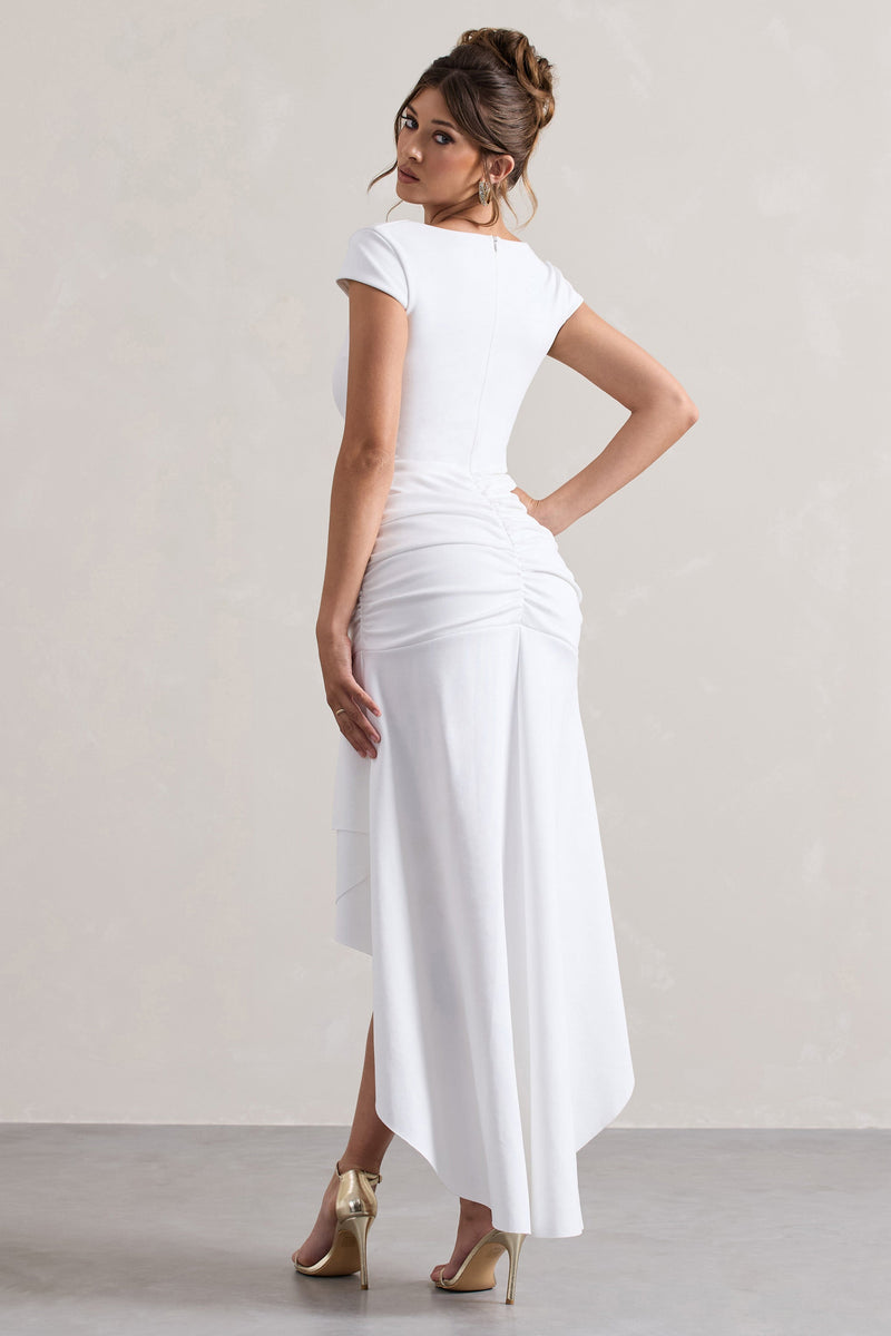 Parisa White Ruched Short Sleeve High Low Maxi Dress