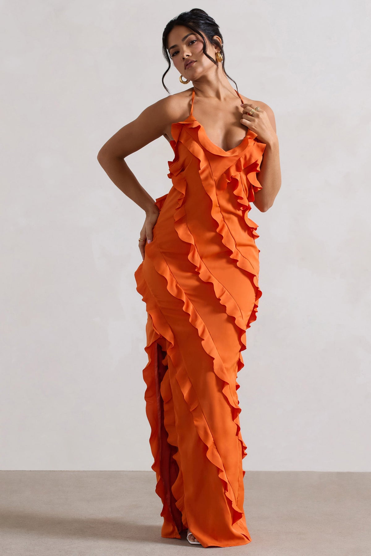 Full On | Orange V-Neck Ruffle Maxi Dress