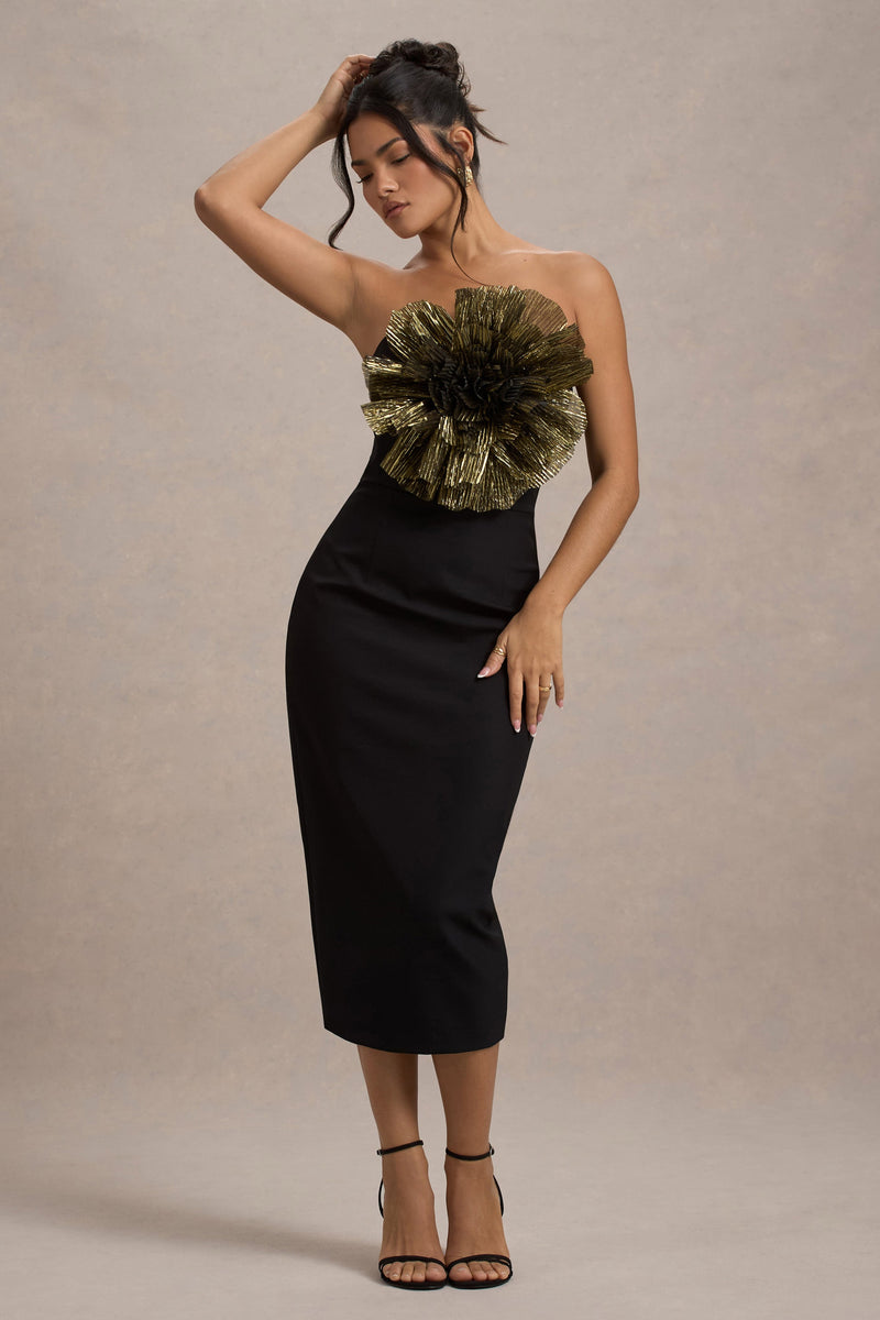 Moya Black & Gold Bodycon Midi Dress With Corsage Detail – Club L