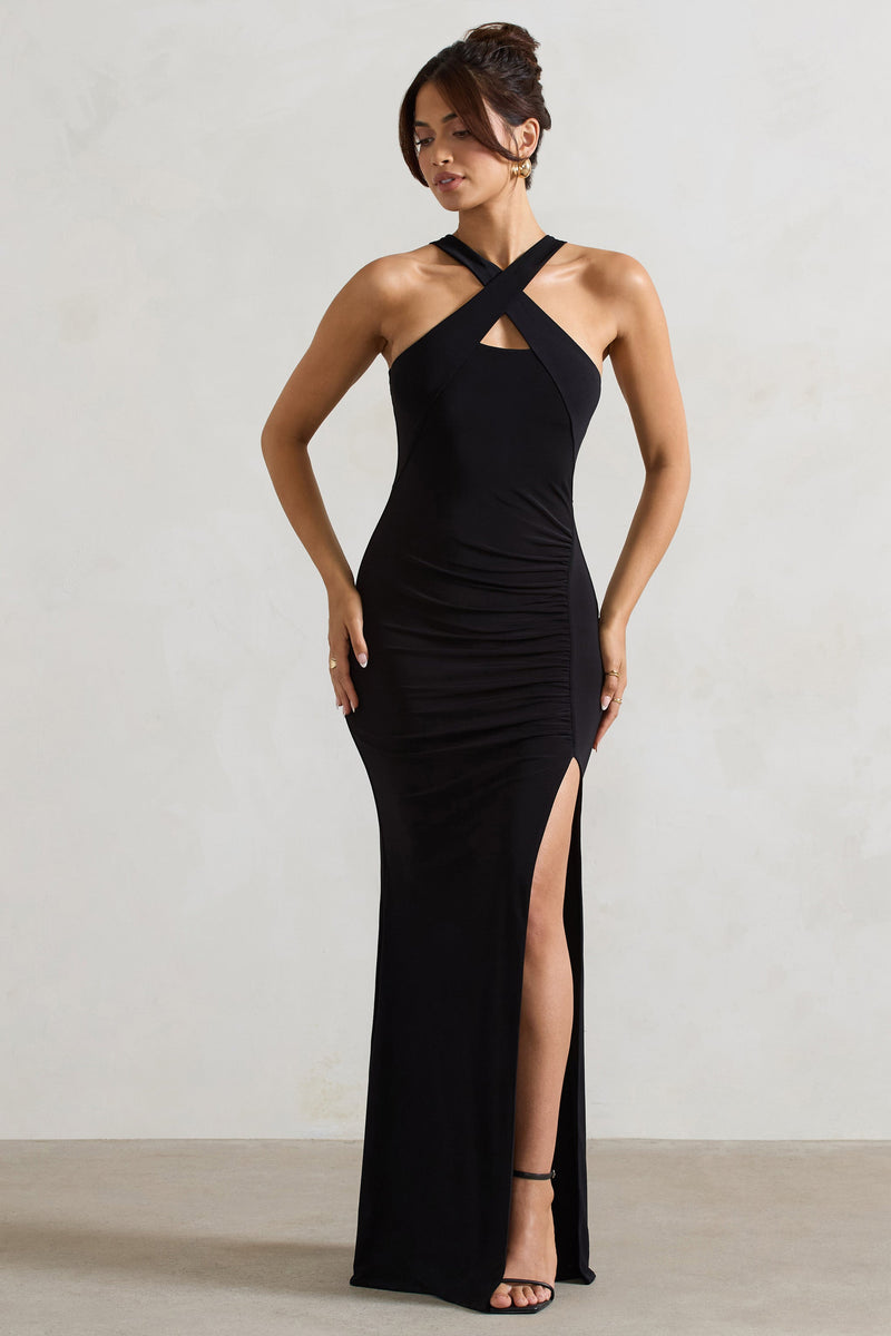Black Cross Over Halter Neck Dress