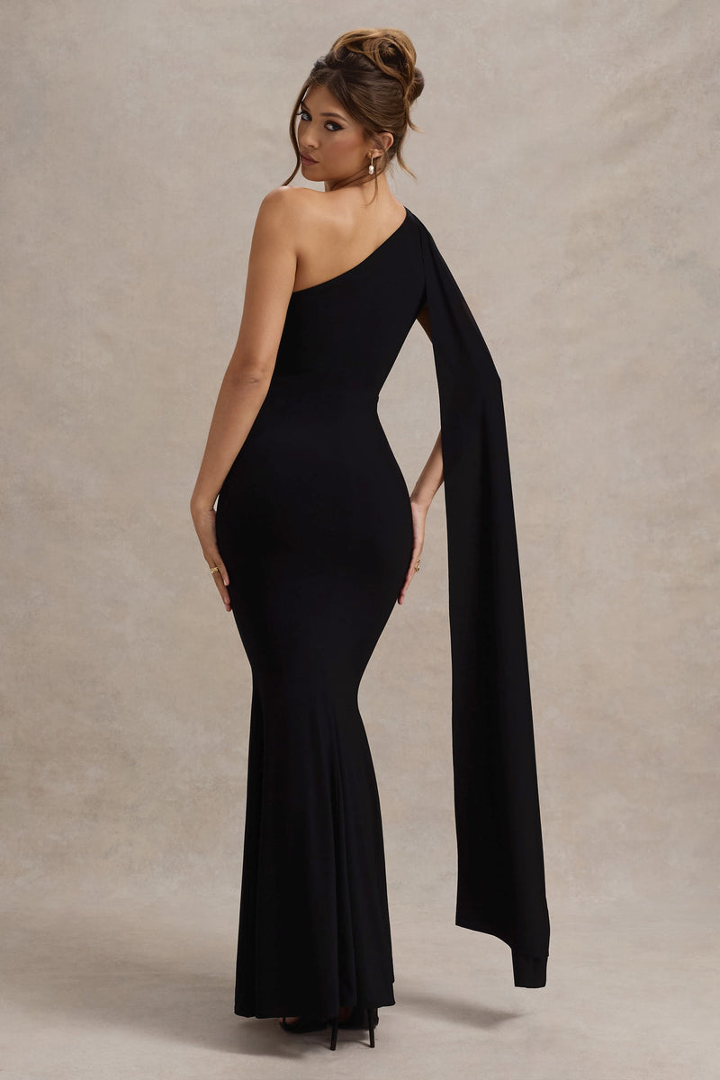 Kessara | Black Asymmetric-Neck Maxi Dress With Sash And Gathered-Detailing