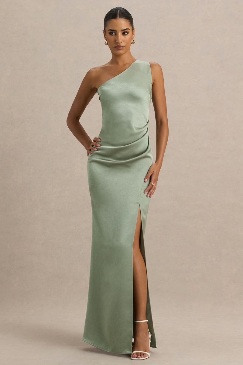 fitted lace wedding dress A Line Cowl Neck Tie Straps Sage Green Prom Dresses with Split US2 / As Picture main image 1