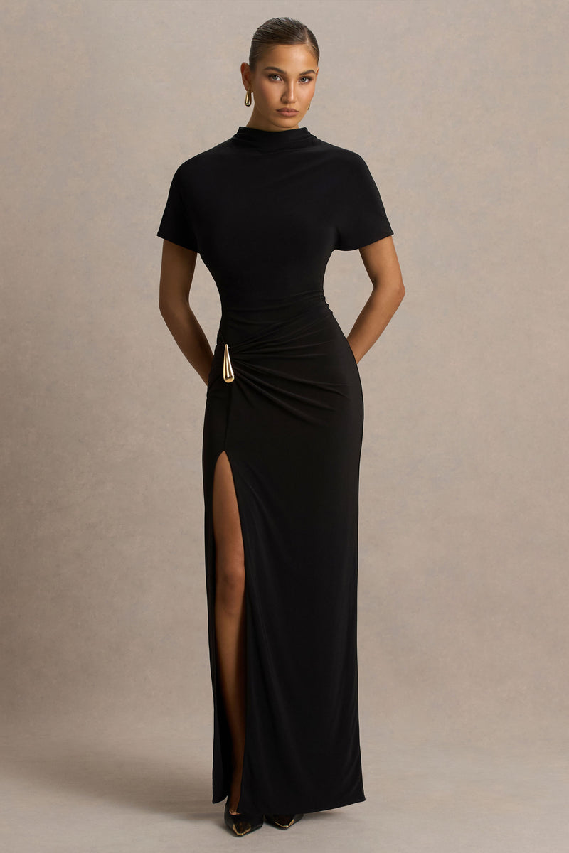 Arlena Black High-Neck Wrapped Maxi Dress – Club L London