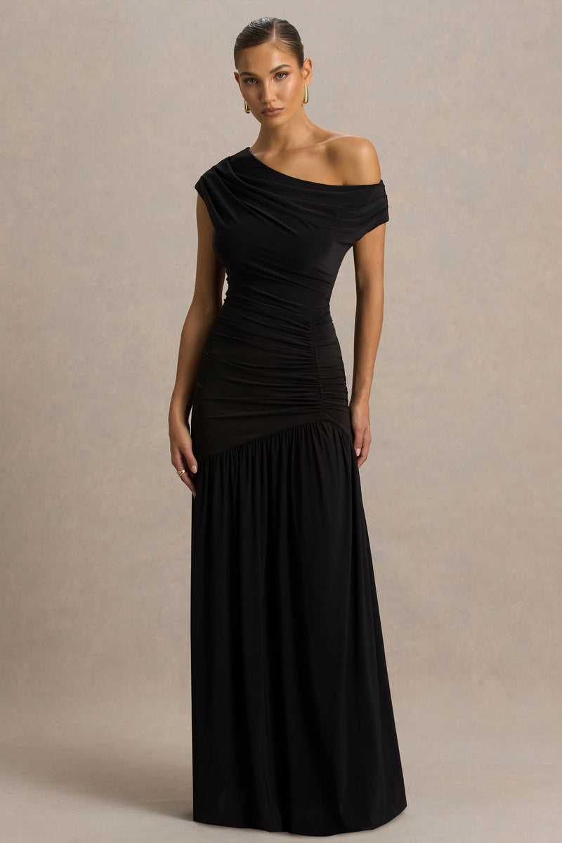 Kinsley | Brown Asymmetric-Neck Maxi Dress With Body Cut-Out Detail