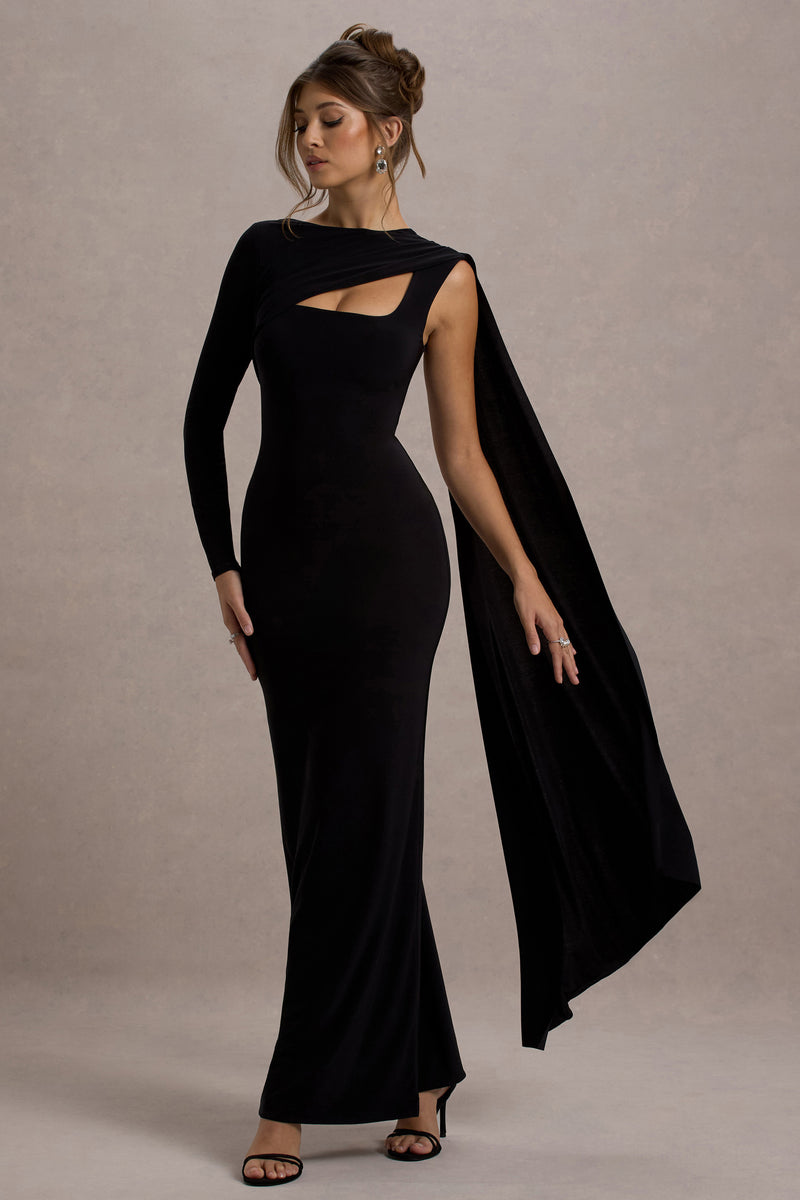 Ashini Black One-Sleeve Maxi Dress With Cape – Club L London - CA