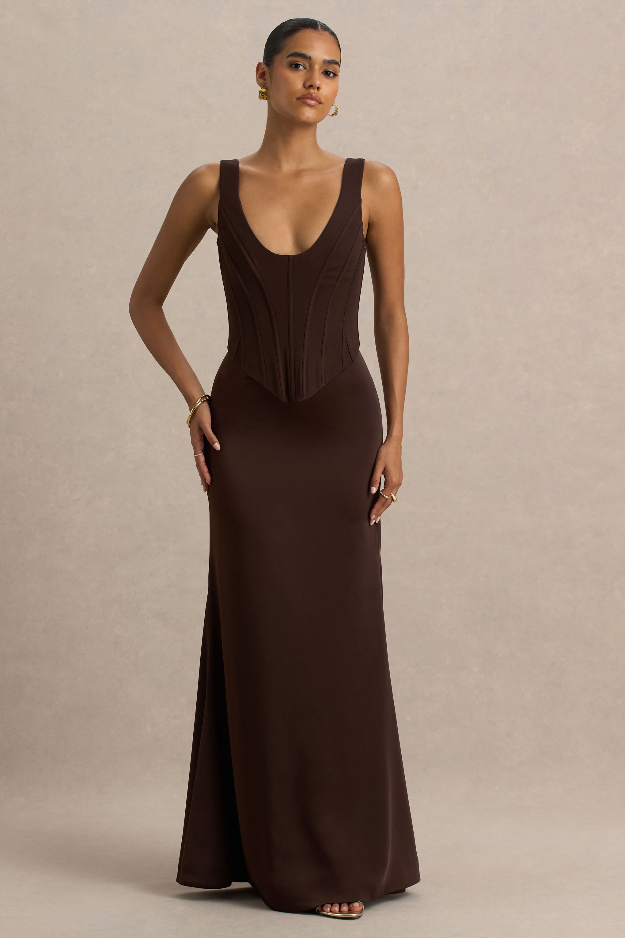 Morgan | Brown Satin Corset Maxi Dress – Club L London - CA