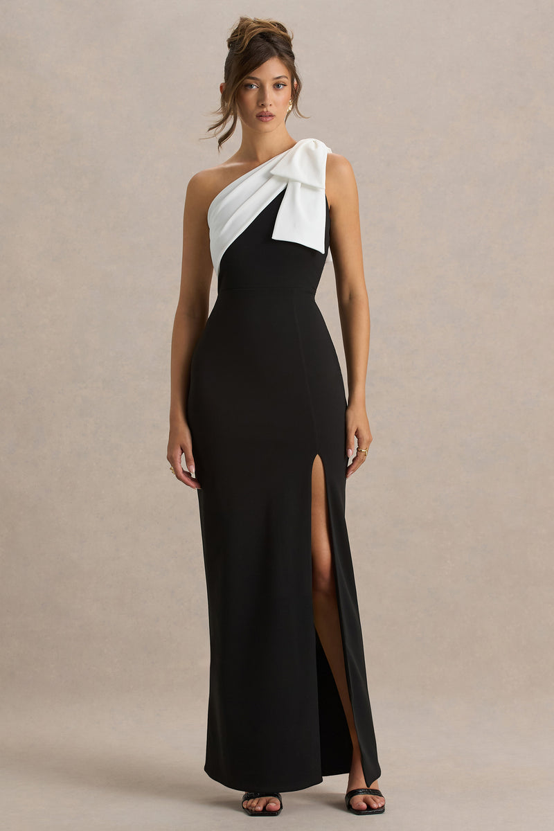 Kiri Black & White One-Shoulder Bow Maxi Dress – Club L London