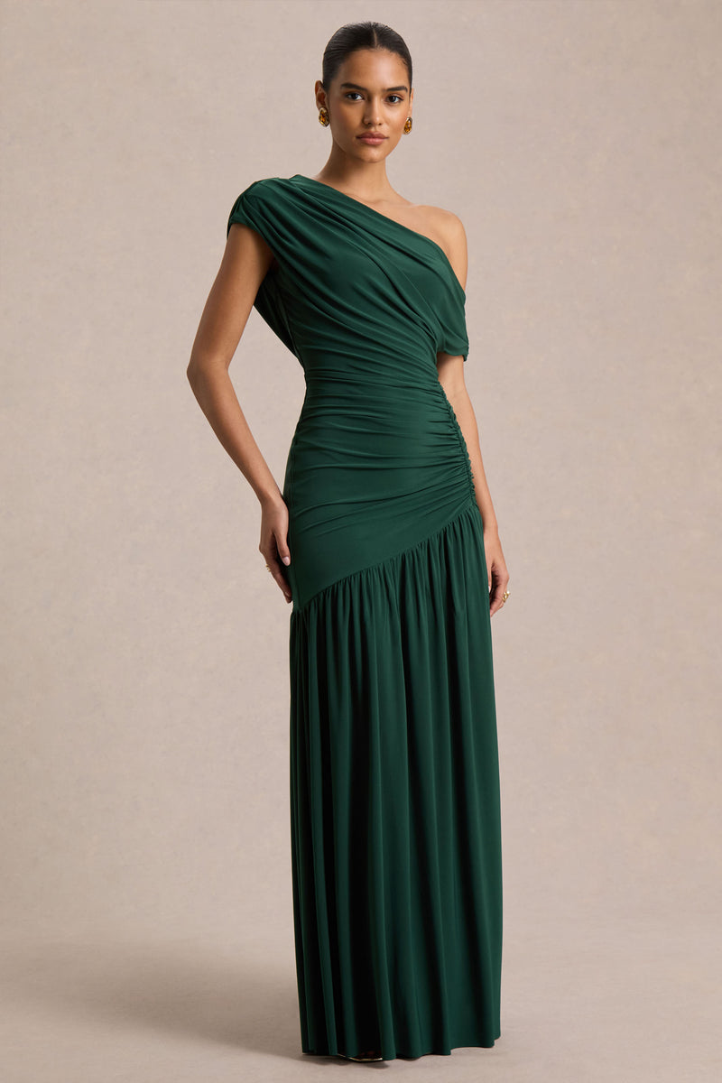 Kady Dark Green Asymmetric-Neck Maxi Dress With Ruched Detailing – Club