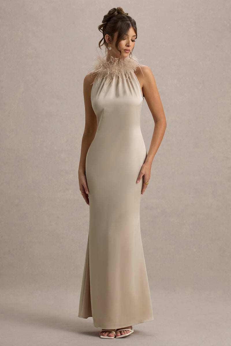 Bianca Champagne Satin Feather-Trim Maxi Dress – Club L London - CA