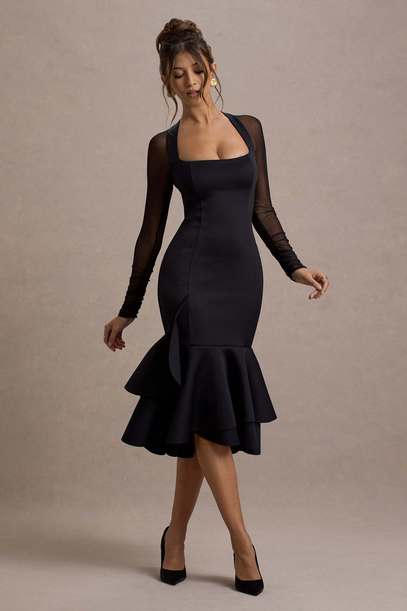 Sander Black Mesh Long-Sleeve Ruffle-Hem Midi Dress – Club L