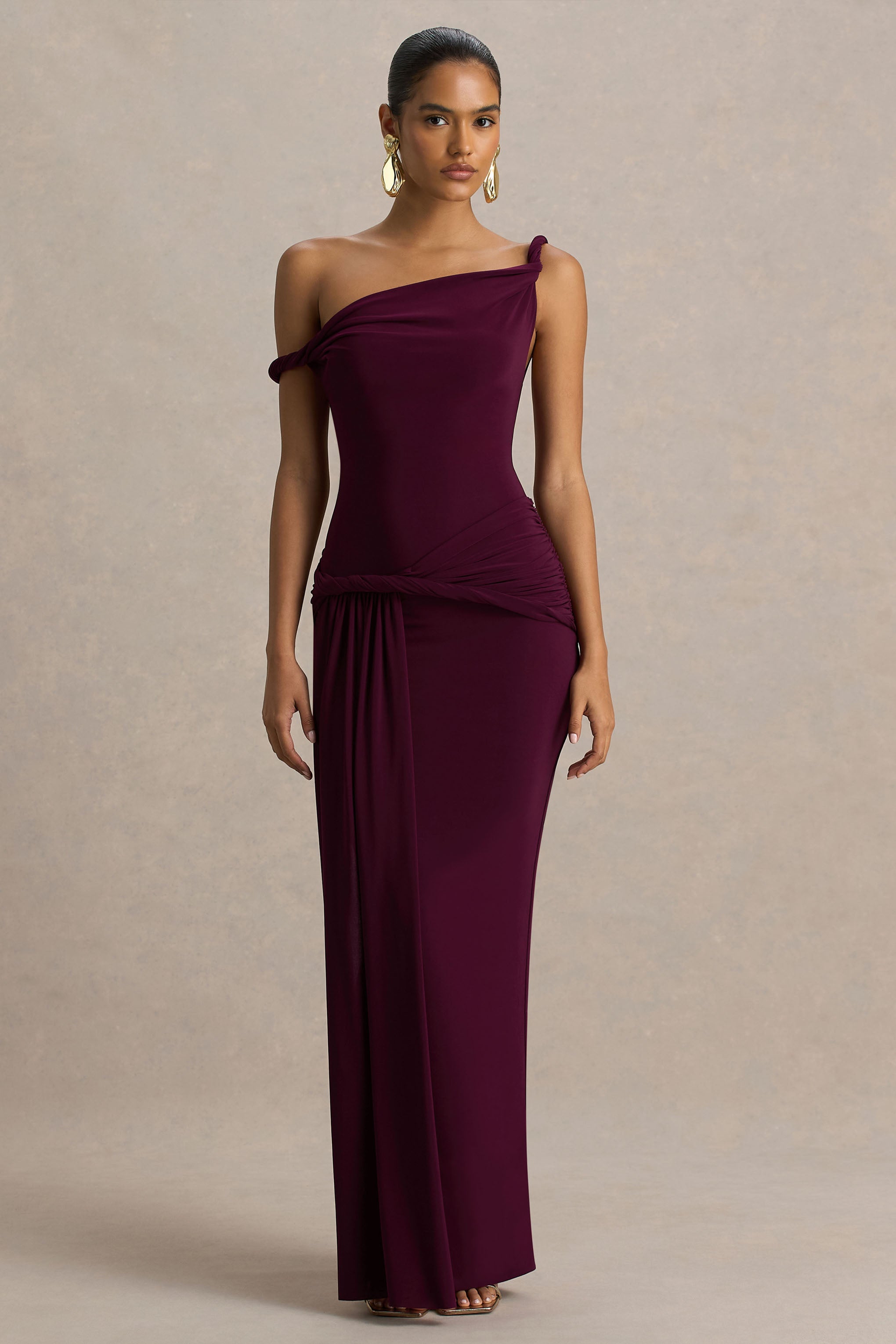 Tulisa | Burgundy Asymmetric-Neck Maxi Dress With Twist Sleeves