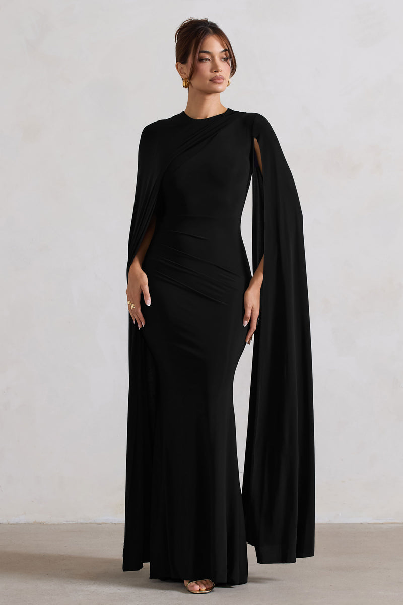 Magdelena Black Asymmetric Cape Maxi Dress – Club L London