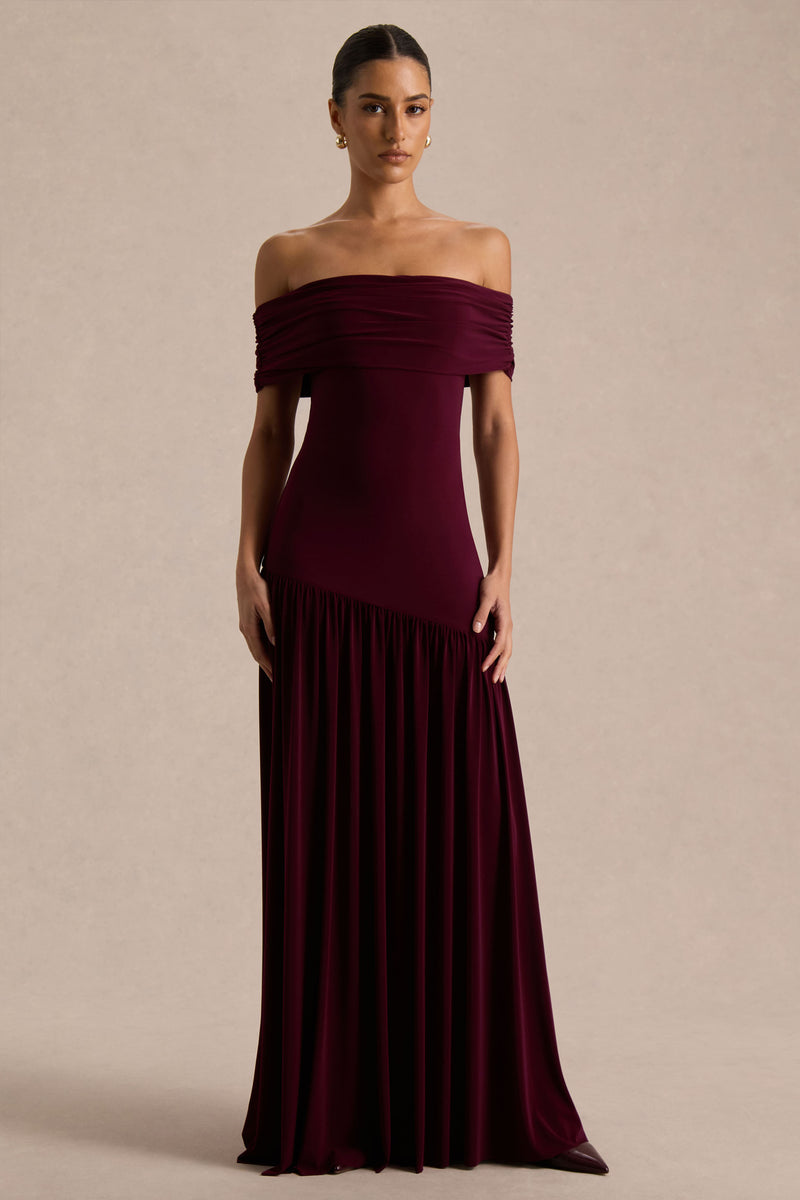Venezia Burgundy Bardot Maxi Dress With Drop-Waist – Club L London