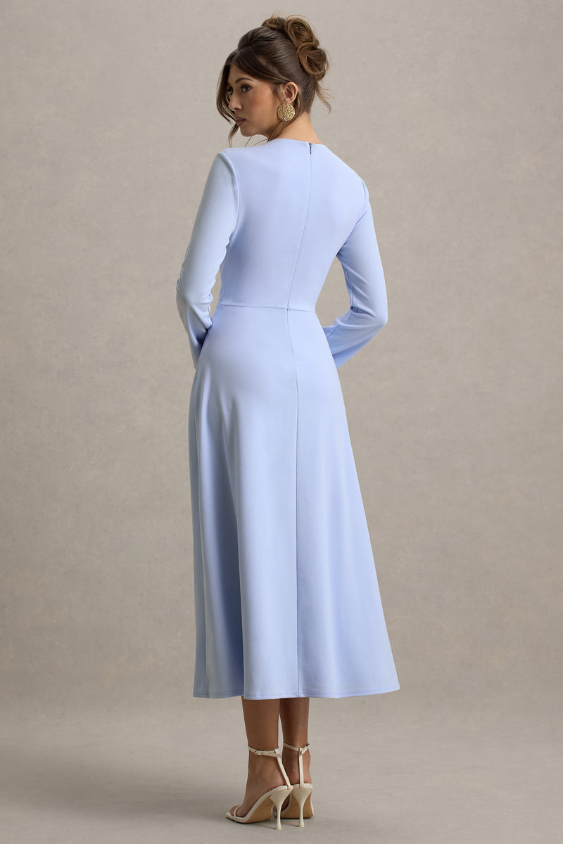 Cassiopeia Powder Blue Long-Sleeve Midi Dress With Cross Waist – Club L