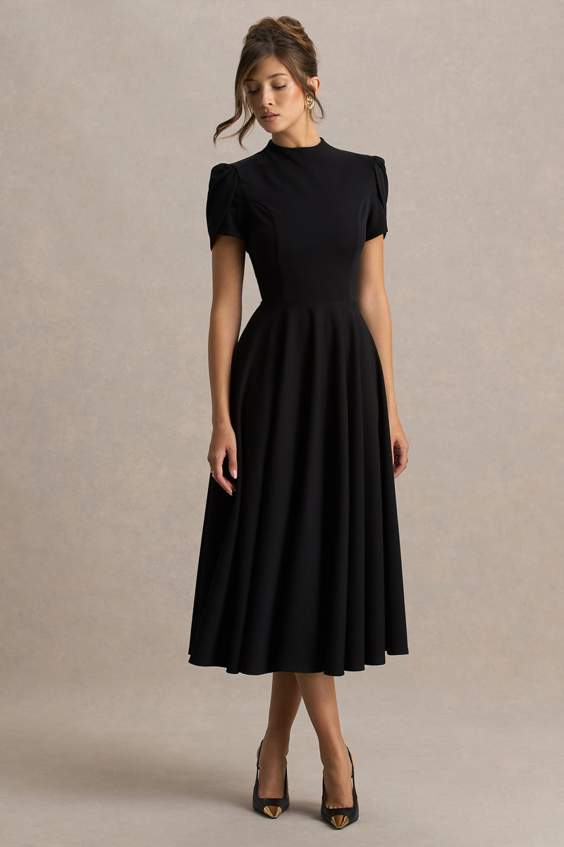 Vicky Black High Neck Midi Dress With Puff Sleeves – Club L London