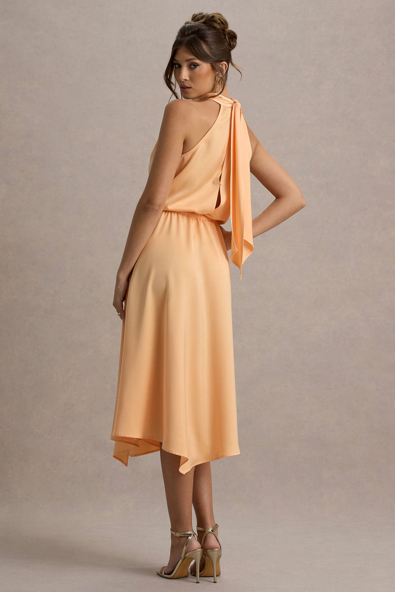 Palonia Peach Satin High-Neck Split Midi Dress Club L London - CA Palonia Peach Satin High-Neck Split Midi Dress Club L London - CA
