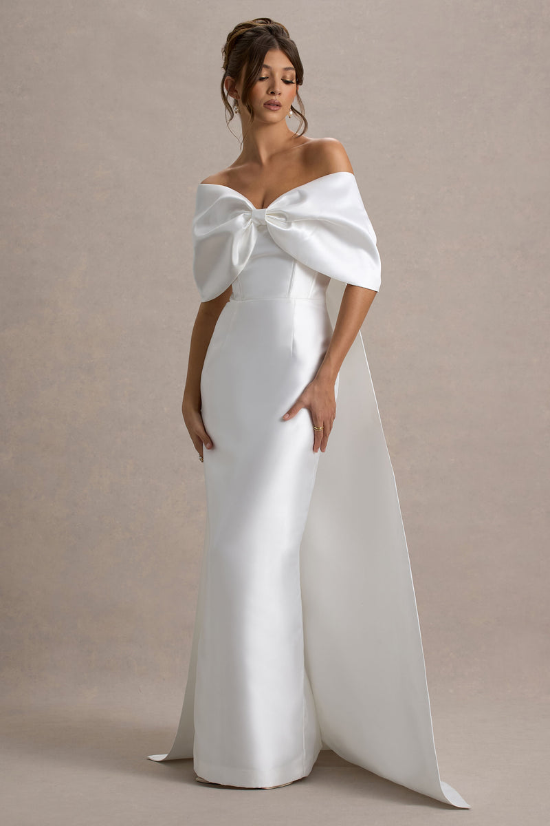 Wanting More Off White Satin Cape Maxi Dress With Oversized Bow