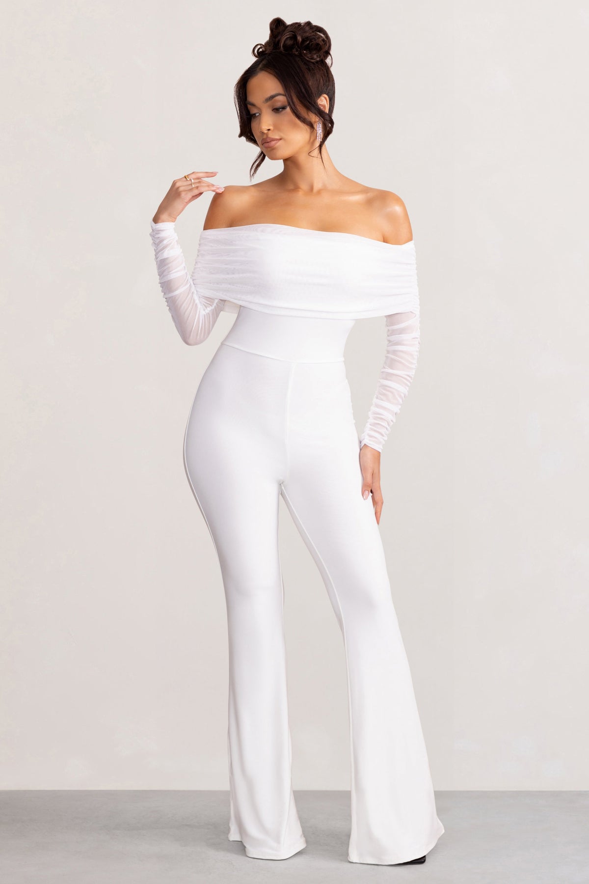 Whisper | White Ruched Mesh Bardot Jumpsuit