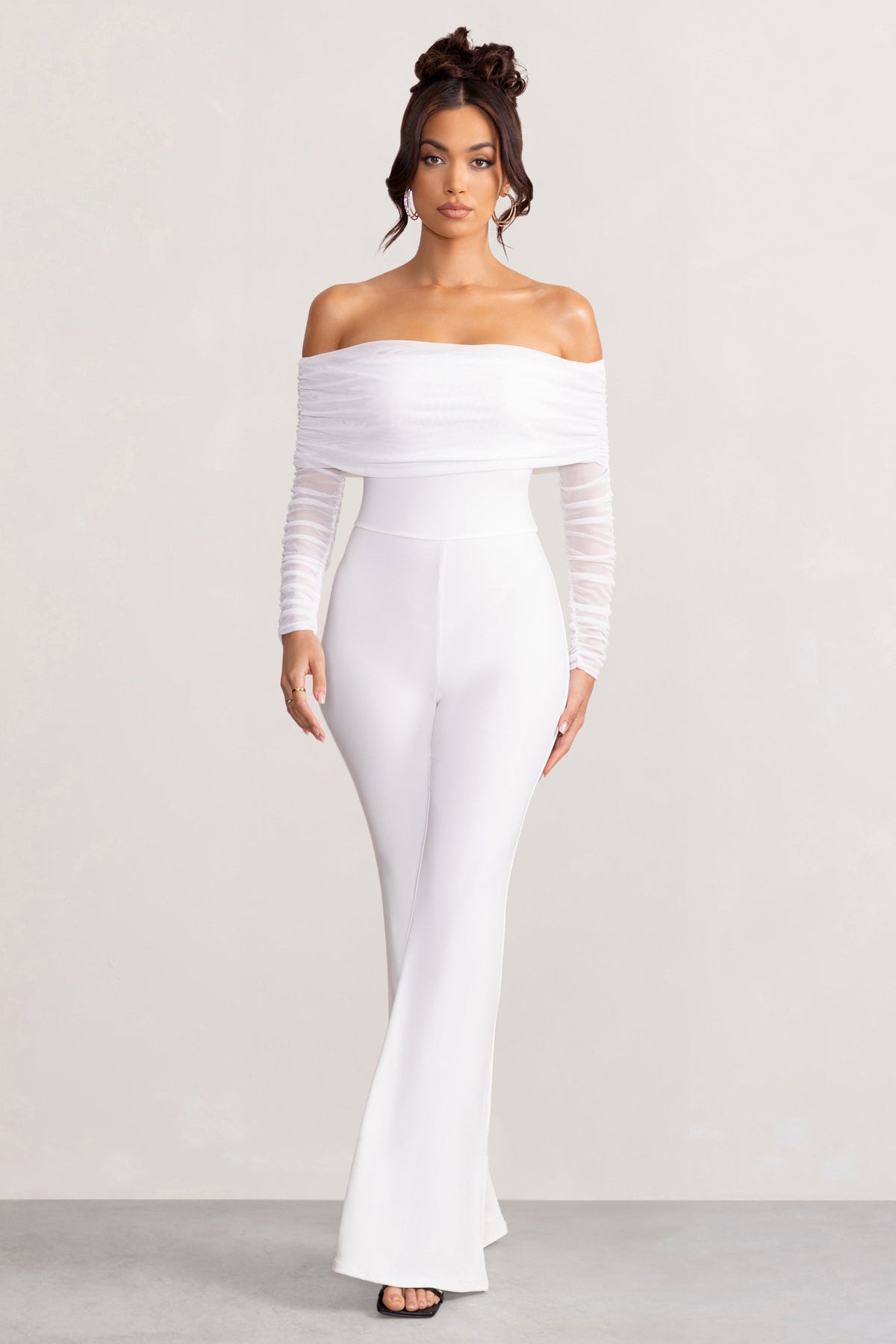 Whisper | White Ruched Mesh Bardot Jumpsuit