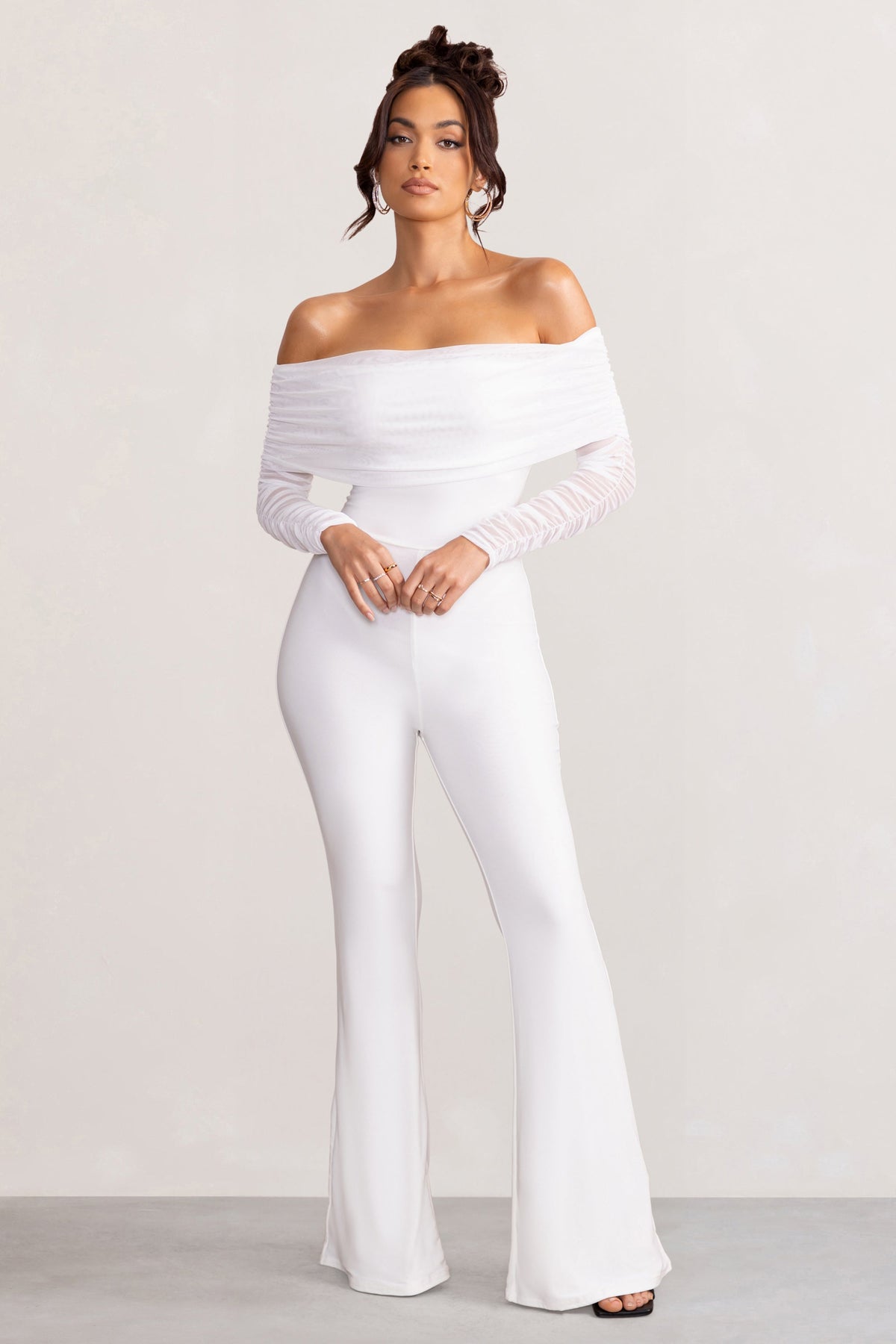 Whisper | White Ruched Mesh Bardot Jumpsuit