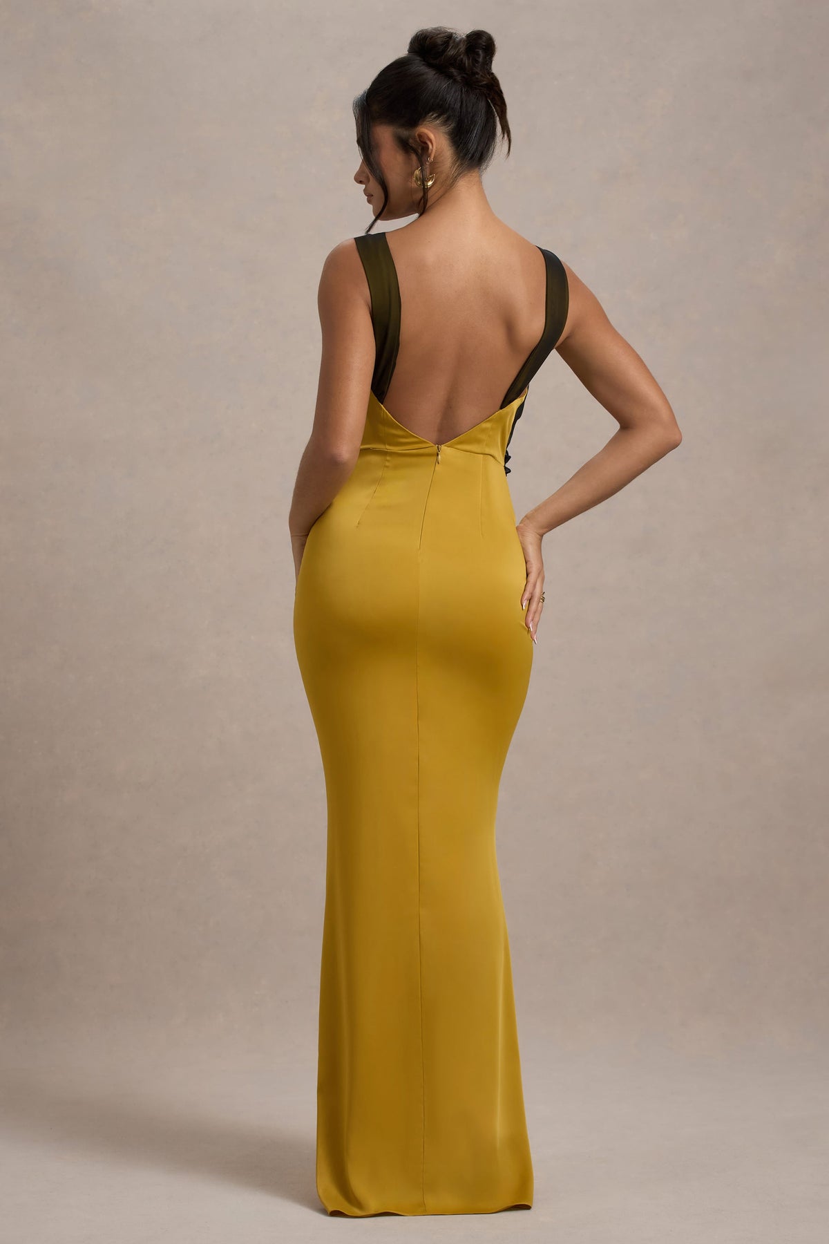 Sahara | Mustard Satin V-Neck Maxi Dress With Black Lace Trim