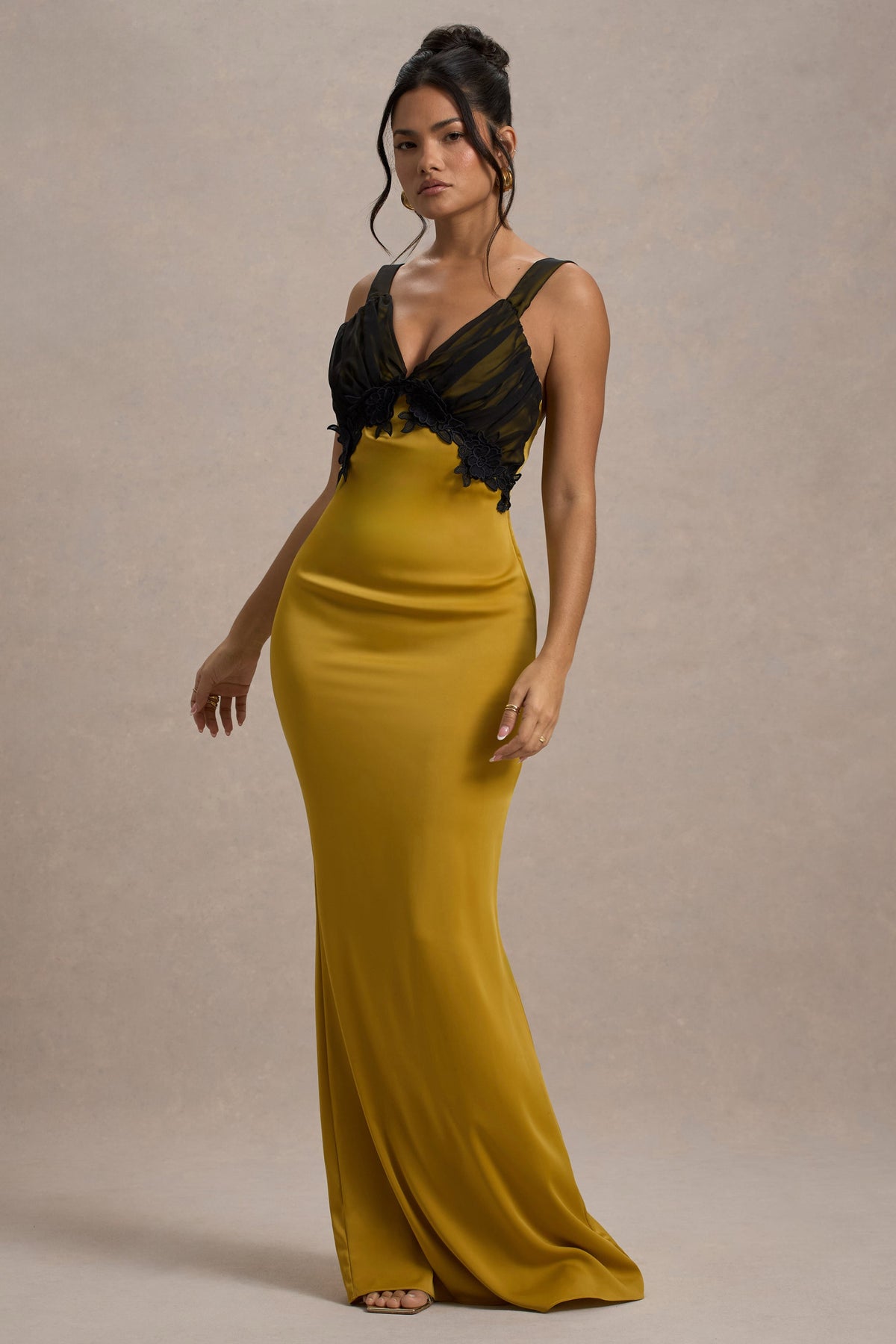 Sahara | Mustard Satin V-Neck Maxi Dress With Black Lace Trim