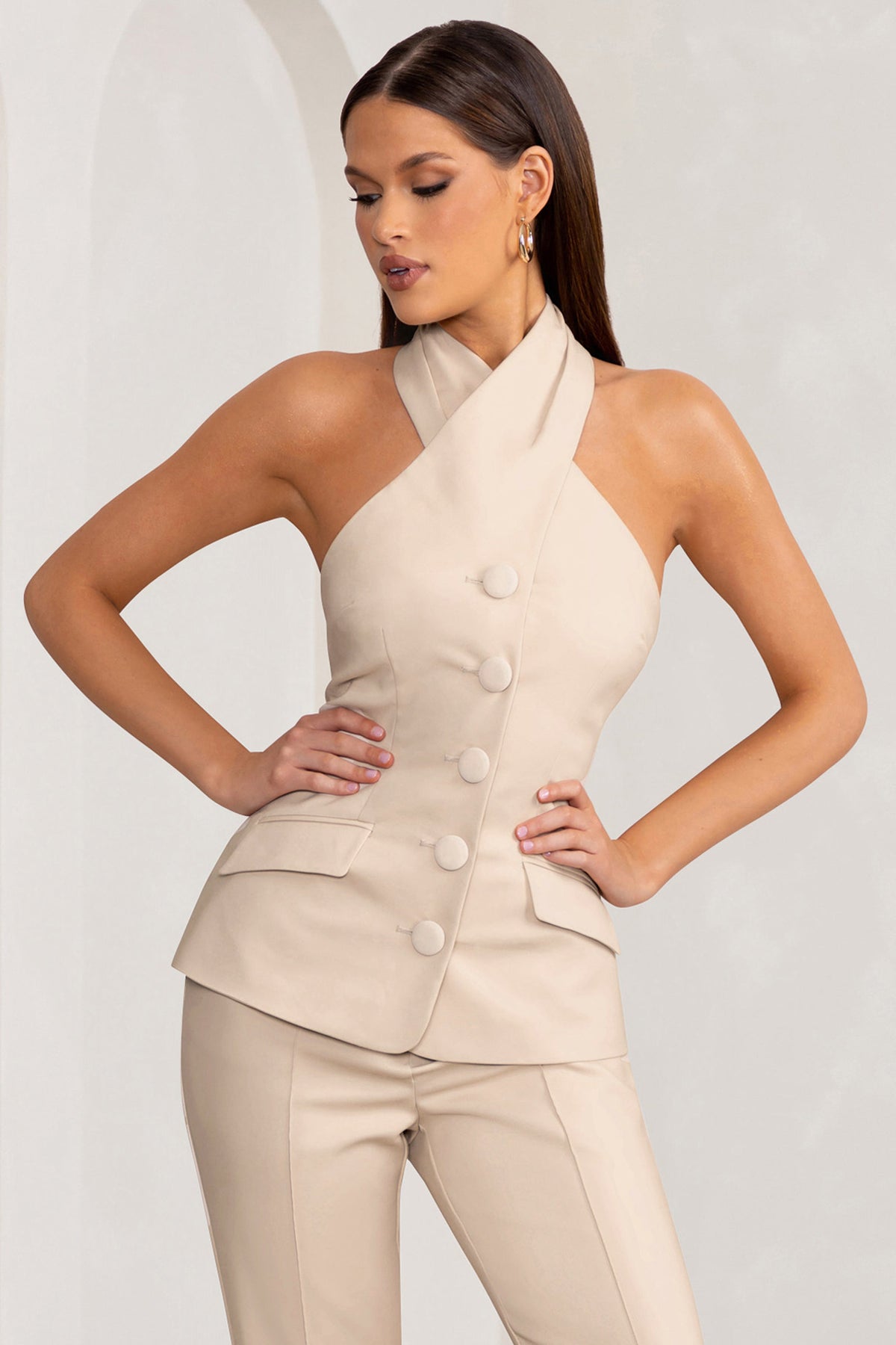 Remi | Stone Cross Halter Neck Tailored Sleeveless Blazer Top